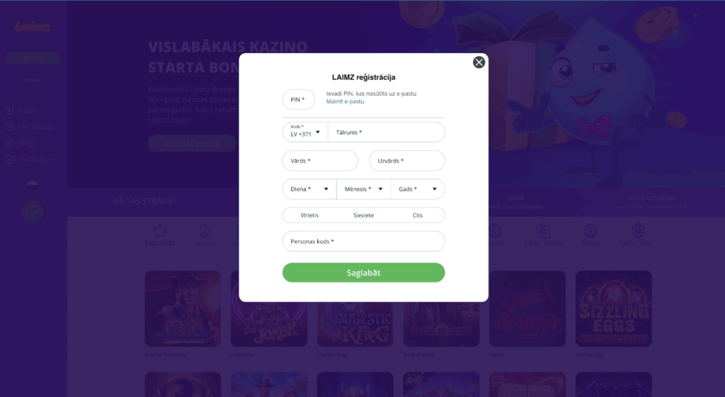 Aizpildāmā forma reģistrējoties vietnē Laimz