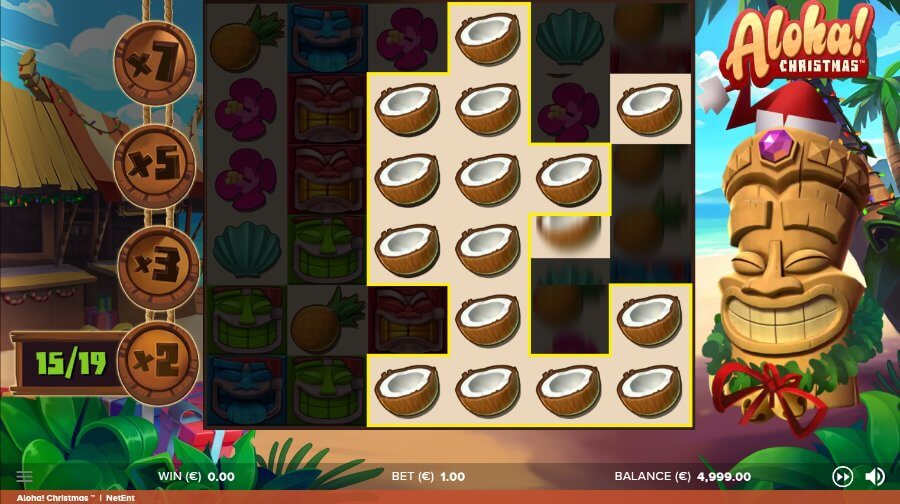 Sticky Win atkārtoto griezienu funkcija spēļu automātā Aloha Christmas
