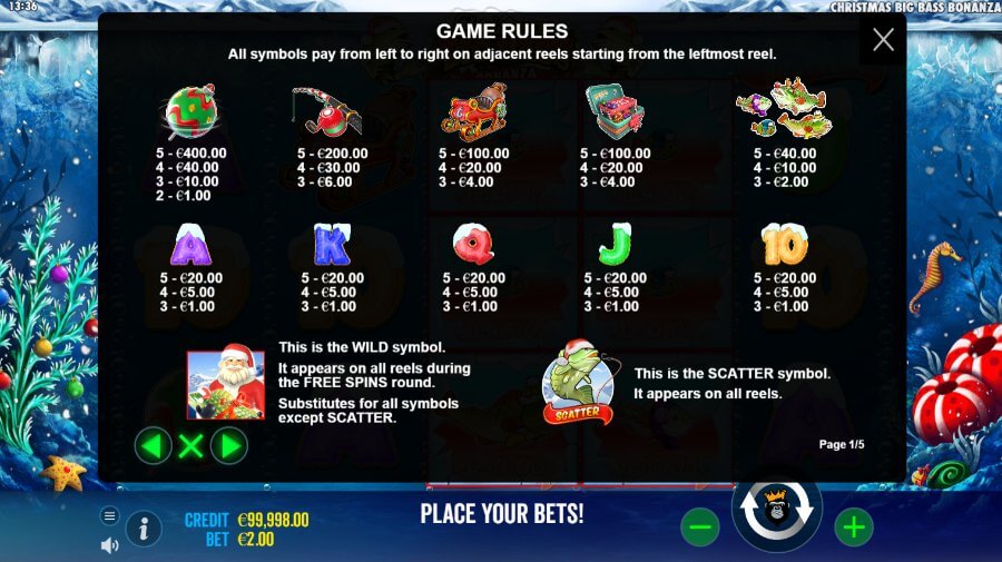 Christmas Big Bass Bonanza spēļu automāta izmaksu tabula