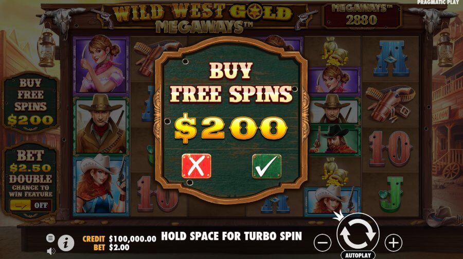 Bonus buy funkcija Wild West Gold Megaways spēļu automātā