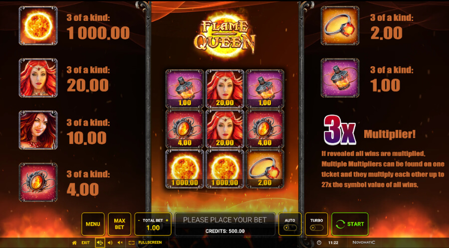 Flame Queen spēles simbolu izmaksas
