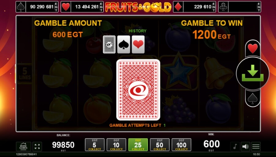 Fruits & Gold spēļu automāta Gamble funkcija